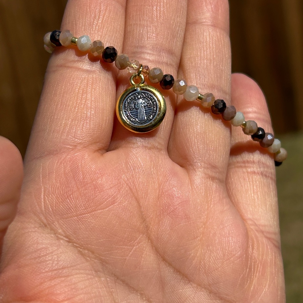 Gold and Brown Beaded Bracelet with Medallion Charm